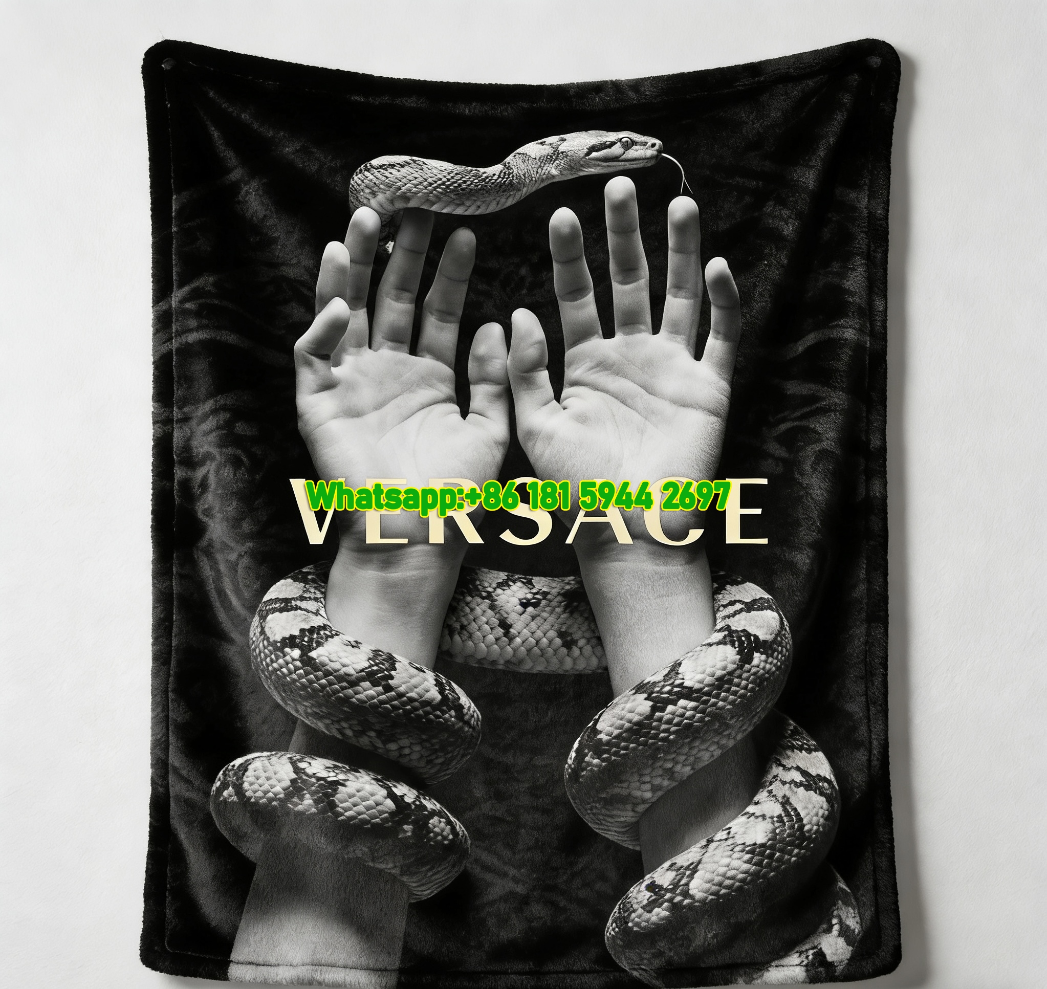 Versace Black and White Gold Letter Snake Print Flannel Sofa Throw Blanket IMG_1406